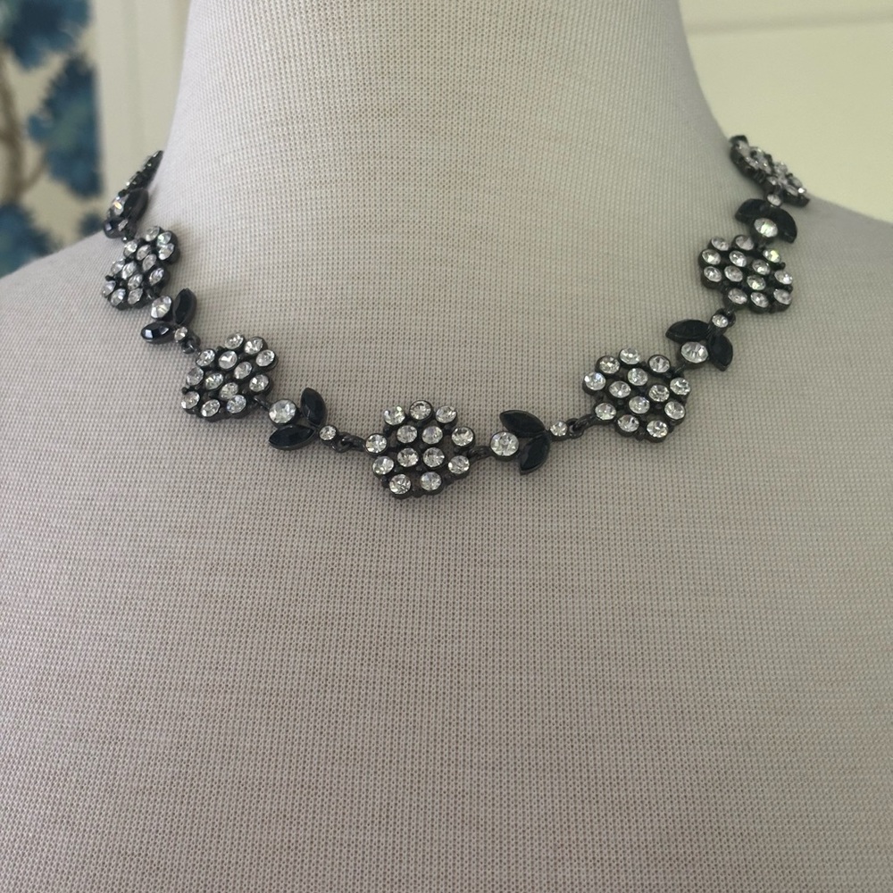 White rhinestone and black floral Art Deco vintage-style necklace